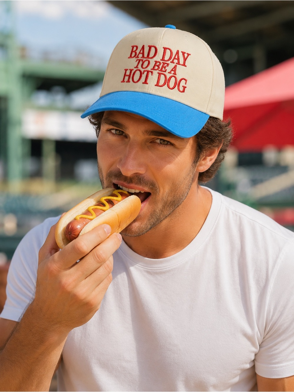 NWT Bad Day to Be a Hot Dog Embroidered Snapback Hat Blue Tan